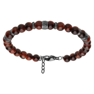 BRACELET ACIER BOULES OEIL DE TIGRE ROUGE TEINTÉ VÉRITABLE  19+3CM