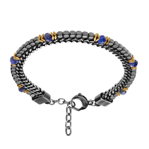 BRACELET ACIER 2 RANGS MAILLE PLATE ET CUBES HÉMATITES ET BOULES FACETÉS LAPIS LAZULI 18+3CM