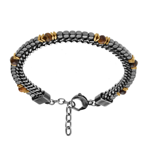 BRACELET ACIER 2 RANGS MAILLE PLATE ET CUBES HÉMATITES ET BOULES FACETÉS OEIL DE TIGRE MARRON 18+3CM