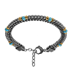 BRACELET ACIER 2 RANGS MAILLE PLATE ET CUBES HÉMATITES ET BOULES FACETÉS TURQUOISE IMITATION 18+3CM