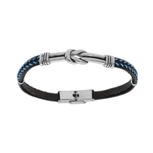 BRACELET ACIER ET CUIR BOVIN NOIR COUTURE BLEU ET MOTIF NOEUD PATINÉ 20CM RÉGLABLE