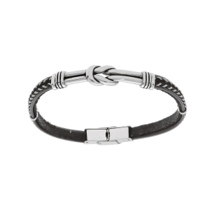 BRACELET ACIER ET CUIR BOVIN NOIR COUTURE GRISE ET MOTIF NOEUD PATINÉ 20CM RÉGLABLE