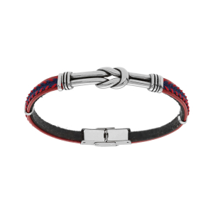 BRACELET ACIER ET CUIR BOVIN ROUGE TRESSE ET MOTIF NOEUD PATINÉ 20CM RÉGLABLE