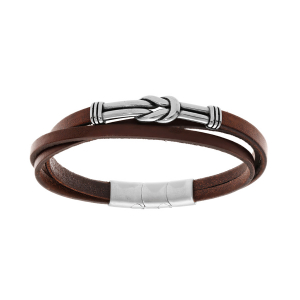 BRACELET ACIER ET CUIR BOVIN MARRON 3 RANGS MOTIF NOEUD 19+1CM DOUBLE FERMOIR