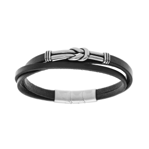 BRACELET ACIER ET CUIR BOVIN NOIR 3 RANGS MOTIF NOEUD 19+1CM DOUBLE FERMOIR