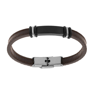 BRACELET JUNIOR ACIER ET CUIR BOVIN MARRON PLAQUE NOIR A GRAVER 16.5CM RÉGLABLE
