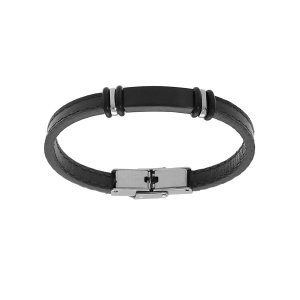 BRACELET JUNIOR ACIER ET CUIR NOIR PLAQUE NOIR A GRAVER 16.5CM RÉGLABLE