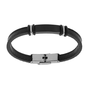 BRACELET JUNIOR ACIER ET CUIR BOVIN NOIR PLAQUE NOIR A GRAVER 16.5CM RÉGLABLE