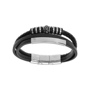 BRACELET ACIER ET CUIR BOVIN NOIR 3 RANGS A GRAVER 21CM + 1CM DOUBLE FERMOIR AIMANTÉ