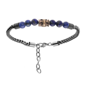 BRACELET ACIER BOULES BLEUES ET TUBE PVD 19+3CM