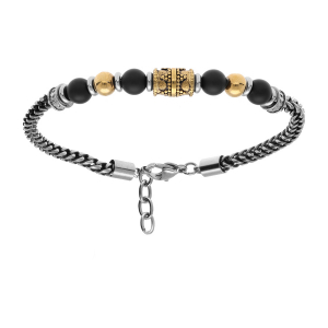 BRACELET ACIER BOULES NOIRES ET PVD DORÉ AVEC TUBE PVD 19+3CM