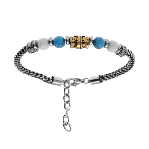 BRACELET ACIER BOULES BLANCHES ET NOIRES ET TUBE PVD DORÉ 19+3CM