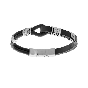 BRACELET ACIER  ET CUIR BOVIN NOIR BOUCLE 20CM + 1CM DOUBLE FERMOIR