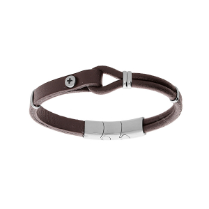 BRACELET ACIER  ET CUIR BOVIN MARRON BOUCLE ET VIS 20CM + 1CM DOUBLE FERMOIR