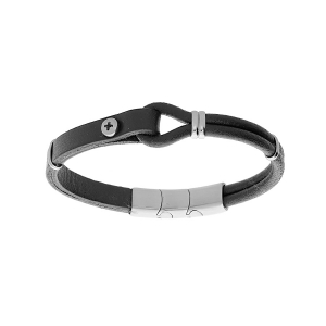 BRACELET ACIER  ET CUIR BOVIN NOIR BOUCLE ET VIS 20CM + 1CM DOUBLE FERMOIR