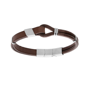BRACELET ACIER  ET CUIR BOVIN MARRON BOUCLE 20CM + 1CM DOUBLE FERMOIR