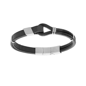 BRACELET ACIER  ET CUIR BOVIN NOIR BOUCLE  20CM + 1CM DOUBLE FERMOIR