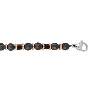 BRACELET ACIER BOULES GRISES AVEC RONDELLES PVD ROSE ET CILINDRES NOIRS 19+3CM