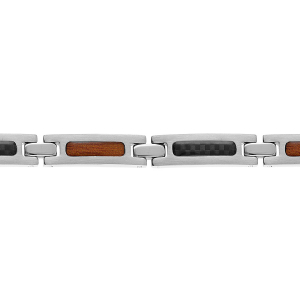 BRACELET ACIER ET CARBONE ET ASPECT BOIS 19CM + 1,5CM REGLABLE DOUBLE FERMOIR
