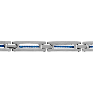 BRACELET ACIER ET CABLE BLEU 19+1,5CM REGLABLE DOUBLE FERMOIR