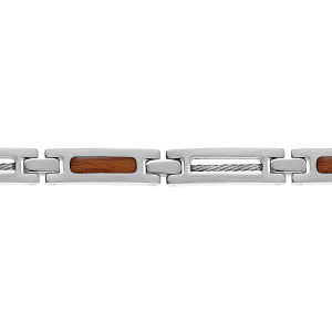 BRACELET ACIER CABLE GRIS ET ASPECT BOIS  19+1,5CM REGLABLE DOUBLE FERMOIR