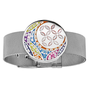 BRACELET ACIER STELLA MIA MAILLE MILANAISE MOTIF FLEUR COULEUR PASTEL AVEC NACRE 19,5CM RÉGLABLE