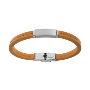 BRACELET ACIER ET CUIR BEIGE BOVIN VÉRITABLE AVEC PLAQUE A GRAVER 20CM RÉGLABLE
