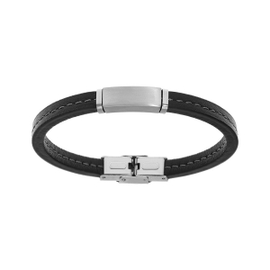 BRACELET ACIER ET CUIR NOIR BOVIN VÉRITABLE AVEC PLAQUE A GRAVER 20CM RÉGLABLE