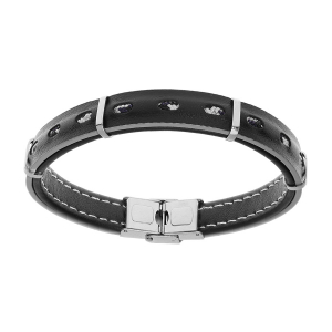 BRACELET ACIER ET CUIR BOVIN NOIR VÉRITABLE TRANCHE GRIS AVEC CORDON 21CM RÉGLABLE