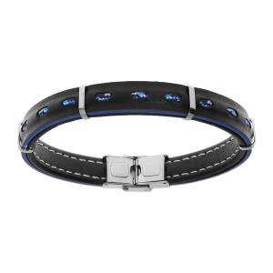 BRACELET ACIER ET CUIR BOVIN NOIR VÉRITABLE TRANCHE BLEU AVEC CORDON 21CM RÉGLABLE