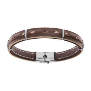 BRACELET ACIER ET CUIR BOVIN MARRON VÉRITABLE TRANCHE BEIGE AVEC CORDON 21CM RÉGLABLE
