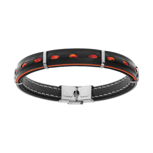 BRACELET ACIER ET CUIR BOVIN NOIR VÉRITABLE TRANCHE ORANGE AVEC CORDON 21CM RÉGLABLE