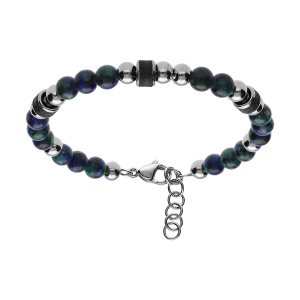 BRACELET ACIER ET BOULES LABRADORITE TEINTÉ BLEU VERT AVEC CYLINDRE GRANITÉ NOIR 19+3CM
