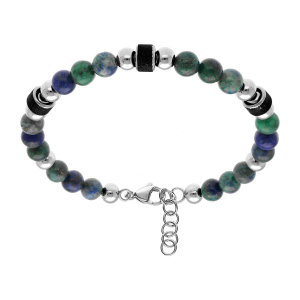 BRACELET ACIER ET BOULES LABRADORITE TEINTÉ BLEU VERT AVEC CYLINDRE GRANITÉ NOIR 19+3CM