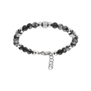 BRACELET ACIER ET BOULES LABRADORITE TEINTÉ GRISES AVEC CYLINDRE GRANITÉ  19+2CM
