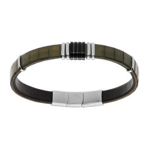 BRACELET ACIER ET CUIR BOVIN VERT KAKI AVEC BARETTES 20+1CM DOUBLE FERMOIR