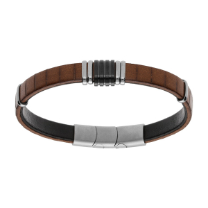BRACELET ACIER ET CUIR BOVIN MARRON CLAIR AVEC BARETTES PVD NOIR 20+1CM DOUBLE FERMOIR