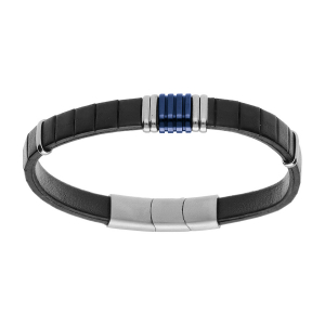 BRACELET ACIER ET CUIR BOVIN NOIR AVEC BARETTES PVD BLEU 20+1CM DOUBLE FERMOIR
