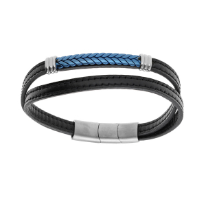 BRACELET ACIER DOUBLE CUIR BOVIN NOIR AVEC TRESSE PVD BLEU DOUBLE FERMOIR 20.5+1.5CM