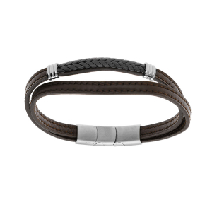 BRACELET ACIER DOUBLE CUIR BOVIN MARRON AVEC TRESSE PVD NOIR DOUBLE FERMOIR 20.5+1.5CM