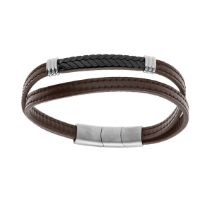 BRACELET ACIER DOUBLE CUIR BOVIN MARRON AVEC TRESSE PVD NOIR DOUBLE FERMOIR 20.5+1.5CM