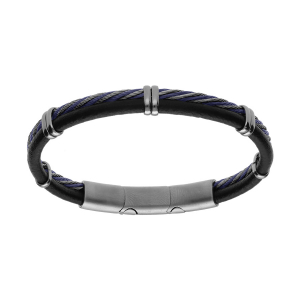 BRACELET ACIER ET CUIR BOVIN NOIR AVEC CABLE TRESSE PVD BLEU DOUBLE FERMOIR