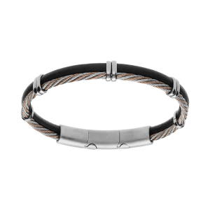 BRACELET ACIER ET CUIR BOVIN NOIR  AVEC CABLE TRESSE PVD DORÉ ROSE DOUBLE FERMOIR