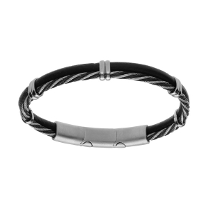 BRACELET ACIER ET CUIR BOVIN NOIR AVEC CABLE TRESSE PVD NOIR DOUBLE FERMOIR