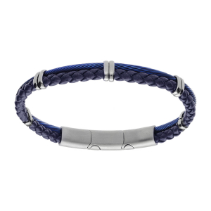 BRACELET ACIER CABLE BLEU ET TRESSE CUIR BOVIN BLEU RÉGLABLE DOUBLE FERMOIR