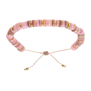 BRACELET ACIER ET PVD DORÉ RÉGLABLE RONDELLES COQUILLAGE TEINTÉ ROSE