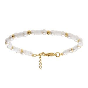 BRACELET ACIER ET PVD DORÉ RONDELLES BLANCHES PERLES DE CULTURE D'EAU DOUCE BLANCHES 16+3CM