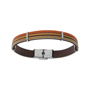 BRACELET ACIER AVEC CORDON ET CUIR BOVIN ORANGÉ ET MARRON   20CM RÉGLABLE