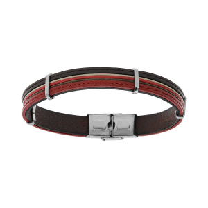 BRACELET ACIER AVEC CORDON ET CUIR BOVIN ROUGE ET MARRON   20CM RÉGLABLE