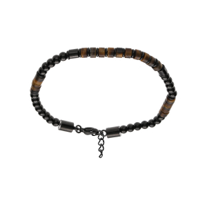 BRACELET ACIER PVD NOIR PIERRES NATURELLES OEIL DE TIGRE, ILMENITE ET BRONZITE 19+3CM